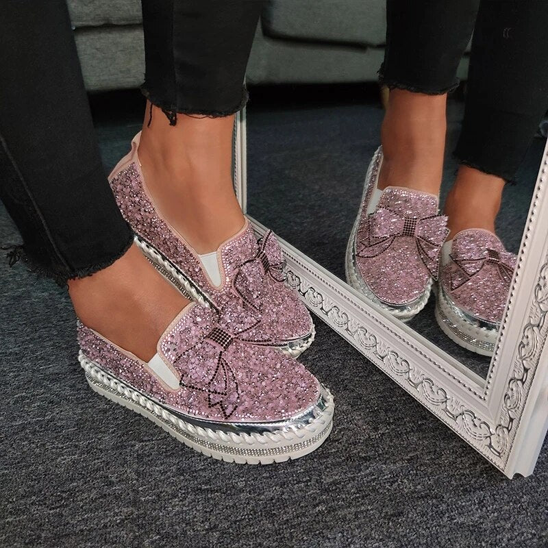 Shining Rhinestone Slip-on Thick Botton Casual Ladies Crystal Shoes-ABOXUN