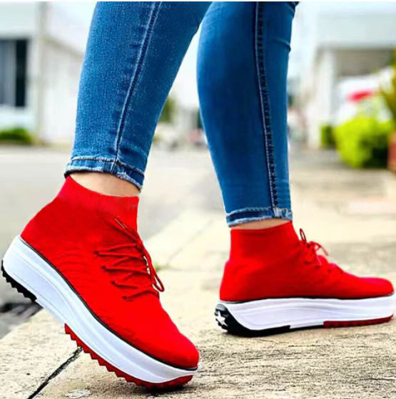 Lace-up Contrast Paneled Knit Slip On Sneakers-ABOXUN