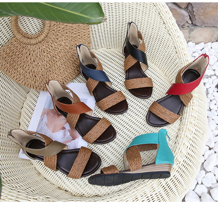 Ladies Woven Wedge Sandals-ABOXUN