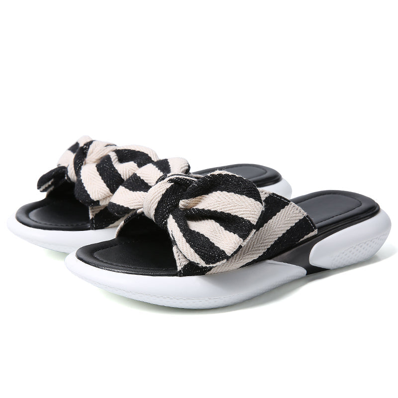 Women's Memory Foam Open Toe Slide Slippers With Cute Bowknot, Ladies' Slip On House Shoes Spa Slippers With Indoor Outdoor Anti-Skid Rubber Sole-ABOXUN