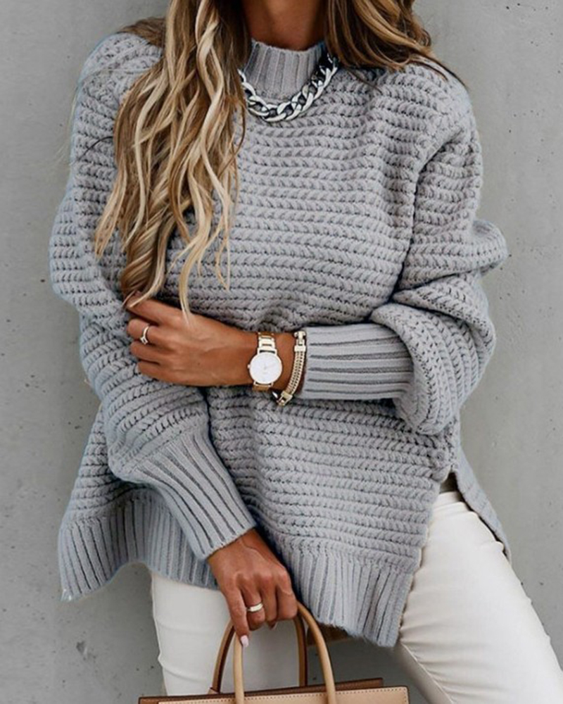 Long-sleeved Thick Needle Side Slit Knit Sweater-ABOXUN