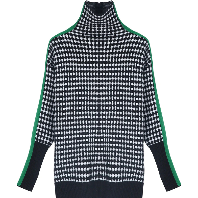 Green Stripe Black and White Diamond Print Sweater-ABOXUN