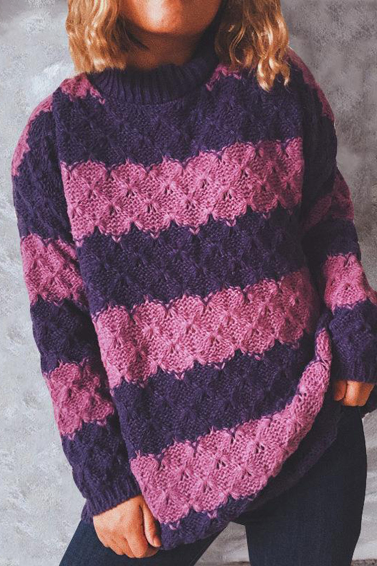 Rhombus Contrast Stripe Patchwork Loose Casual Sweater-ABOXUN