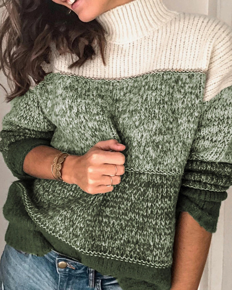 Striped Stitching Turtleneck Contrast Sweater-ABOXUN