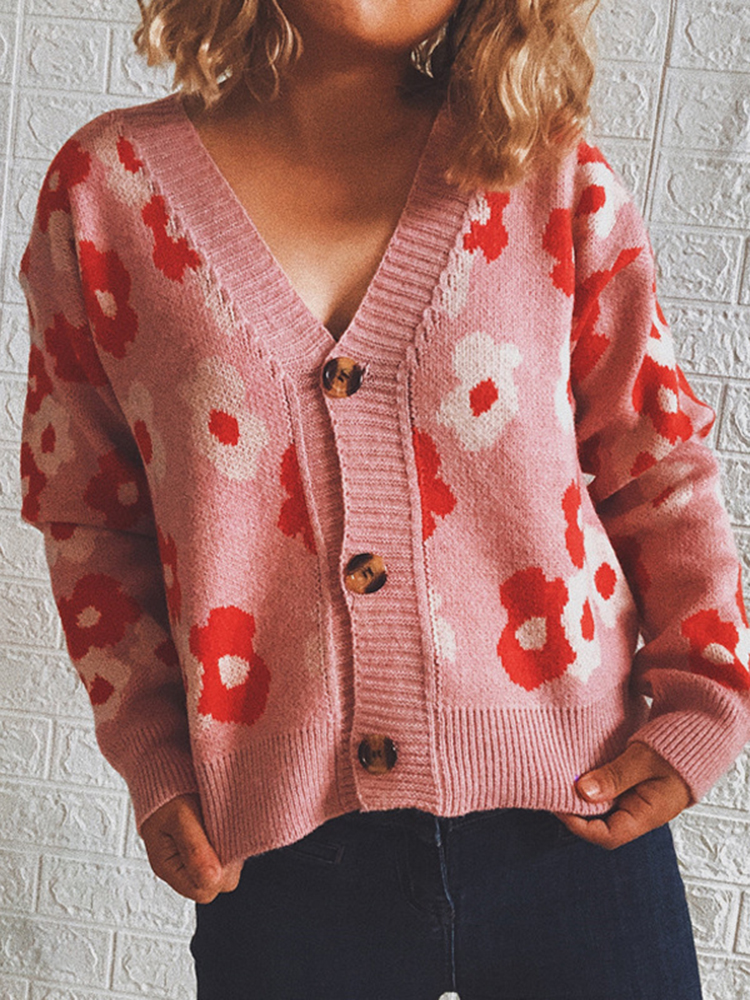 V-Neck Cute Floral Single-Breasted Cardigan-ABOXUN