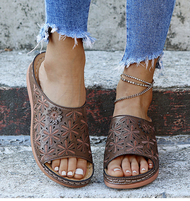 Women's Flat Bottom Hollow Solid Color Slippers-ABOXUN