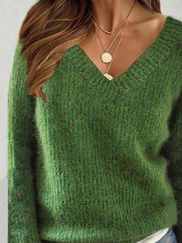 V-neck Casual Loose Solid Color Sweater Pullover-ABOXUN