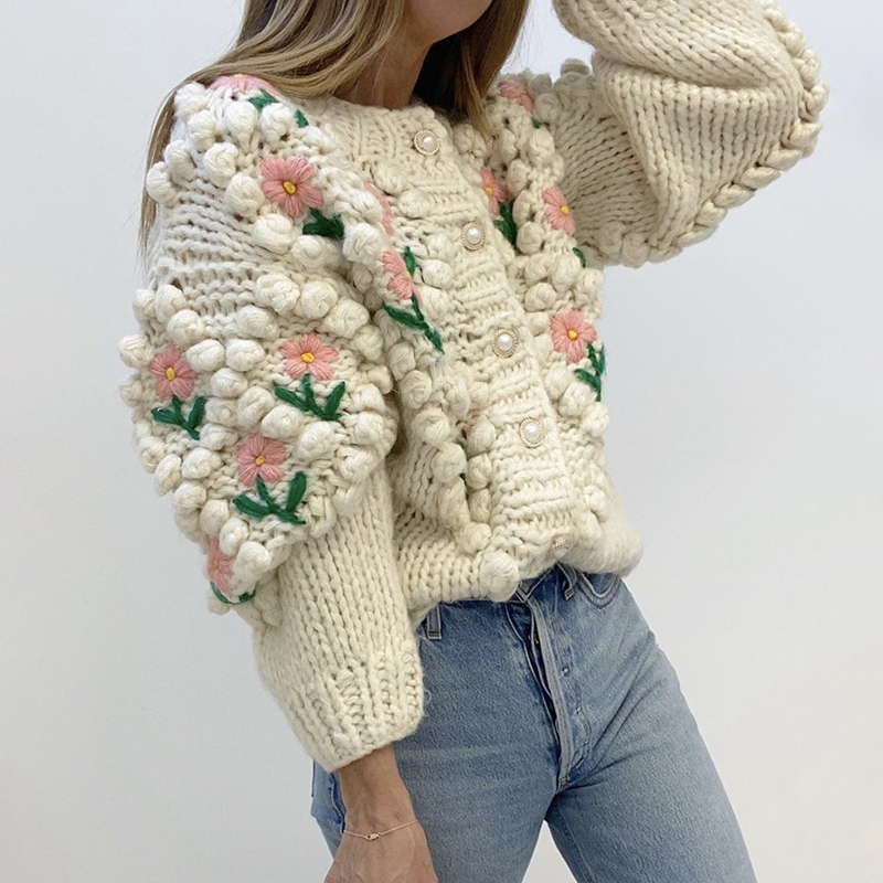 Chain Link Embroidered Floral Pearl Knit Cardigan-ABOXUN