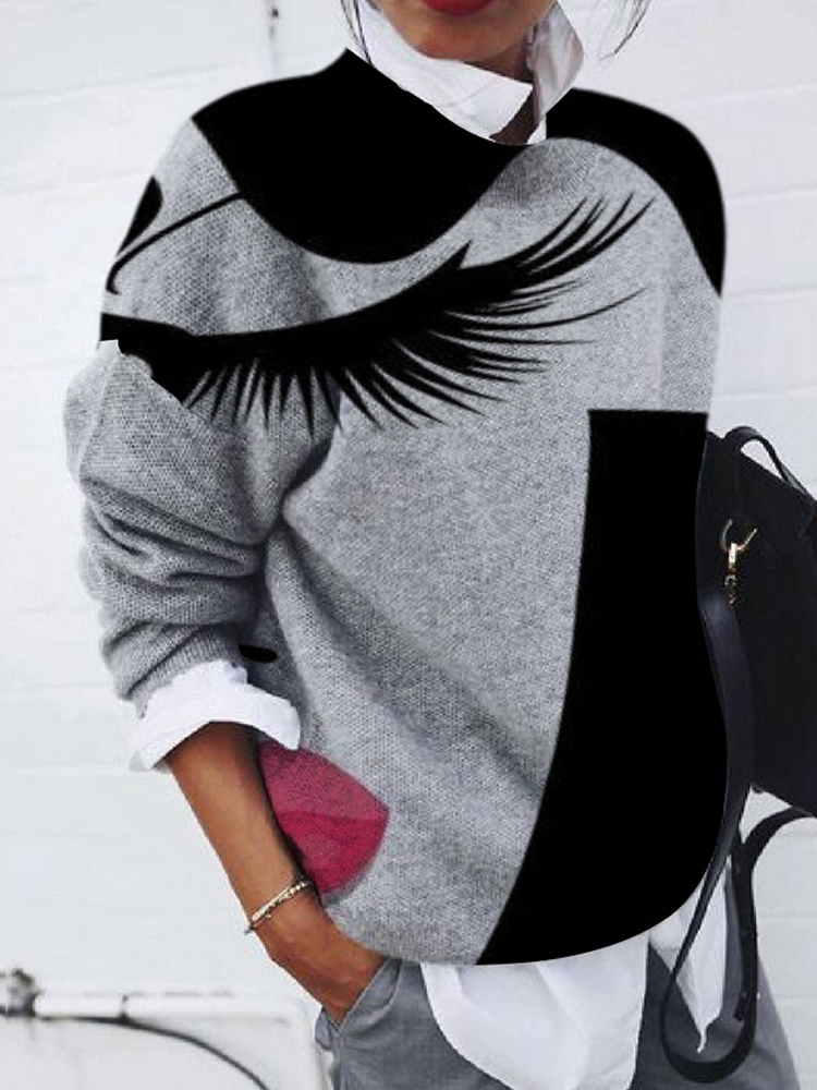 Portrait Print Loose Long Sleeve Top-ABOXUN