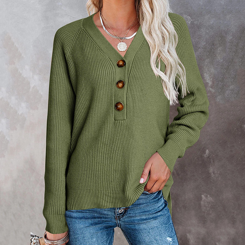 Casual V Neck Long Sleeve Sweater-ABOXUN