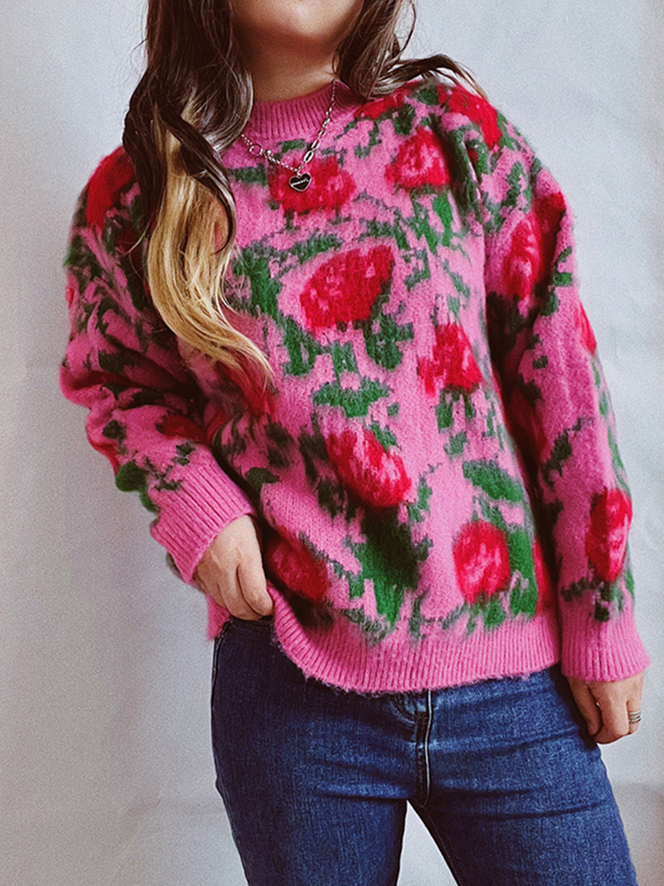 Vintage Long Sleeve Crew Neck Floral Sweater-ABOXUN