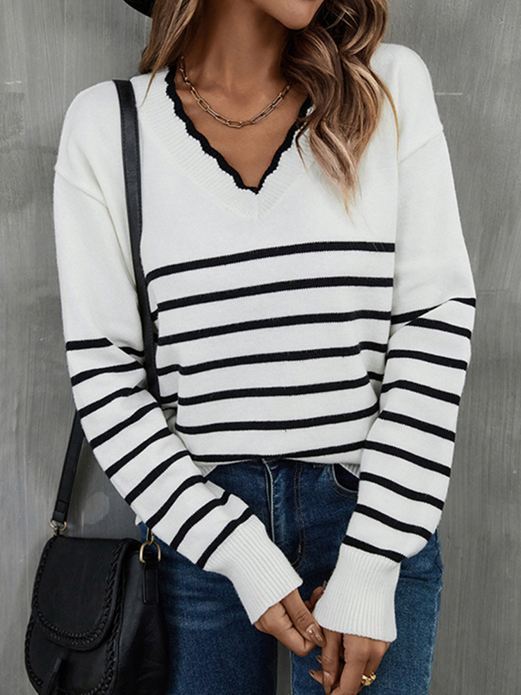 Casual V Neck Wavy Striped Jacquard Sweater-ABOXUN