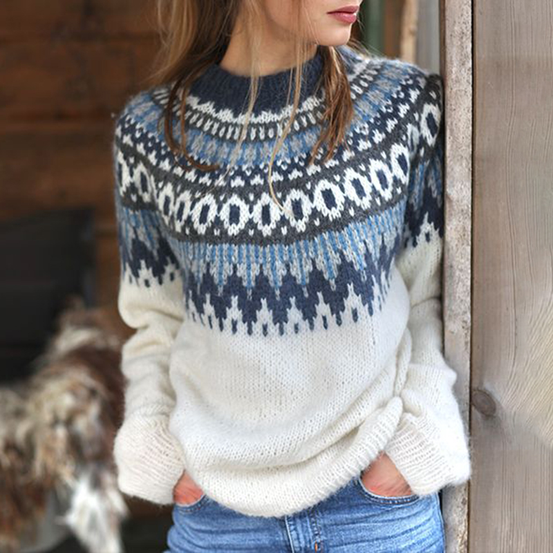 Vintage Geometric Wave Jacquard Long Sleeve Sweater-ABOXUN