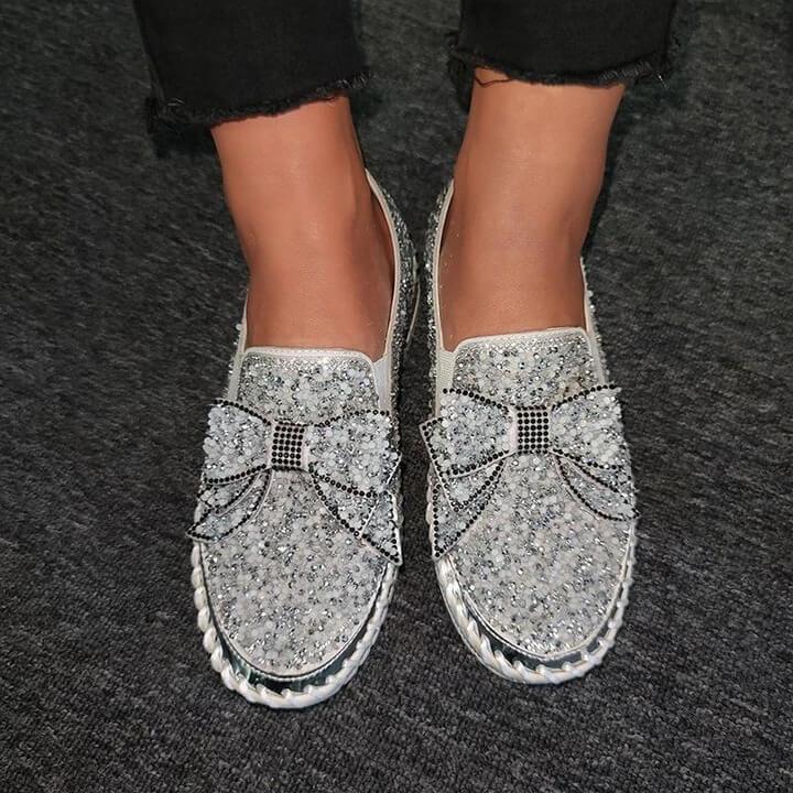 👡Women Shining Rhinestone Slip-on Loafers with Cute Bowknot-ABOXUN