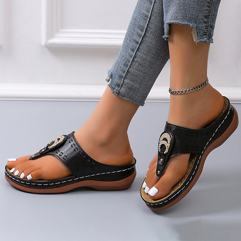 Metal Rhinestone Hollow PU Casual Flip-flops-ABOXUN