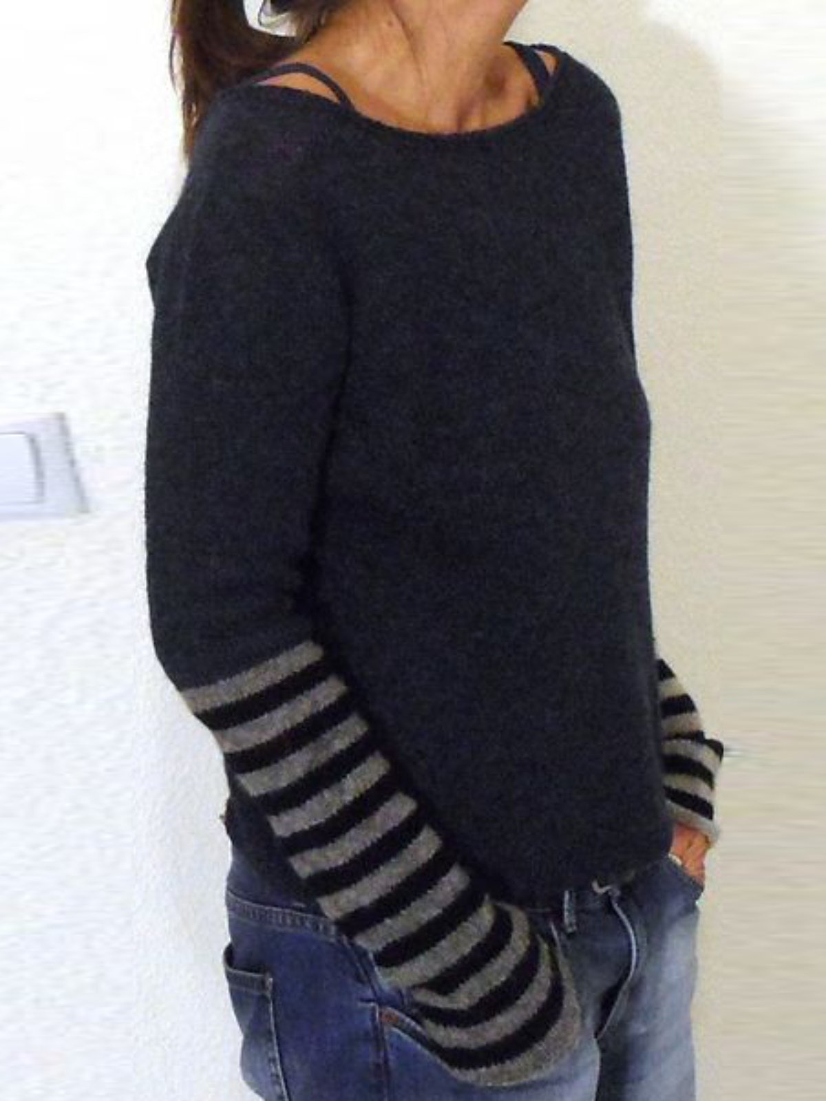 Black Striped Knitted Women's Sweater-ABOXUN