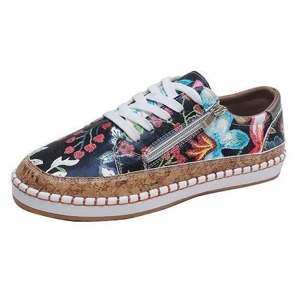 Women's Floral Printed Lace-up Canvas Sneakers-ABOXUN