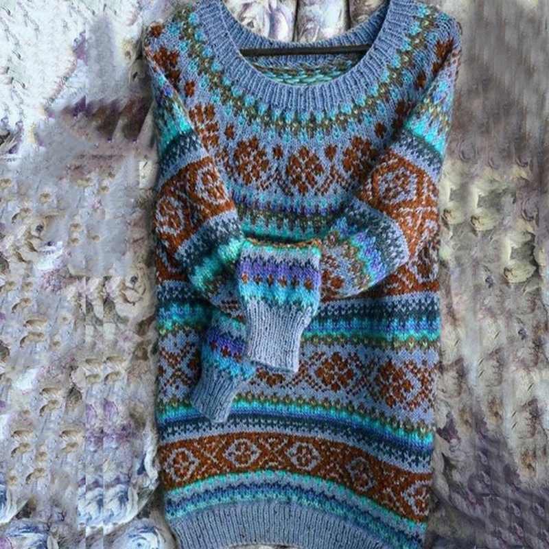 Vintage Crew Neck Long Sleeve Knit Loose Sweater-ABOXUN