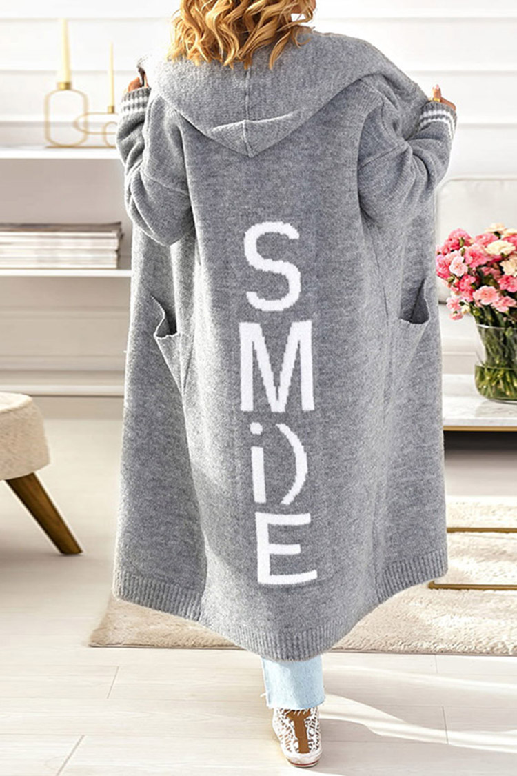 Letter Loose Casual Long Sleeve Hooded Sweater Cardigan-ABOXUN