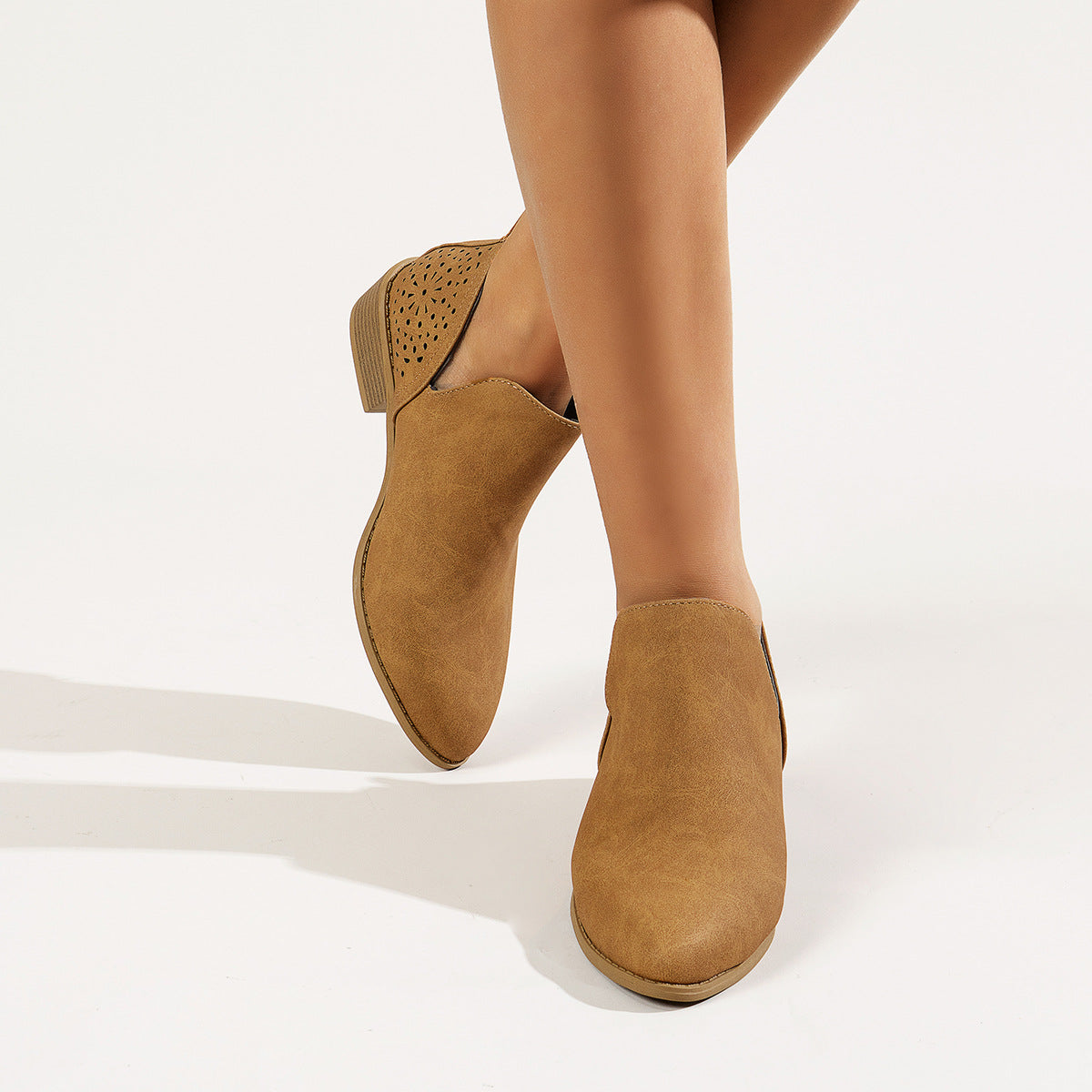 Solid Color Back Cutout British Style Pointed Toe Chunky Heel Fashion Boots-ABOXUN