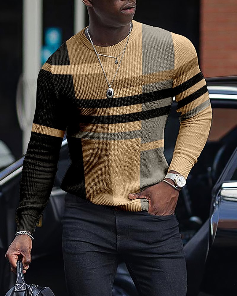 LONG SLEEVE FASHION CONTRAST COLOR ROUND NECK MEN'S TOP-ABOXUN