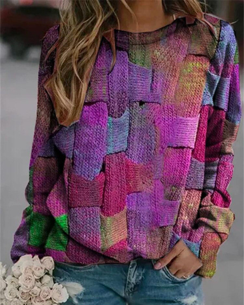 Plus Size Color Block Round Neckline Casual Shift Blouses Long Sleeve Sweater-ABOXUN