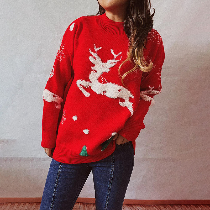 Vintage Christmas Elk Long Sleeve Sweater-ABOXUN