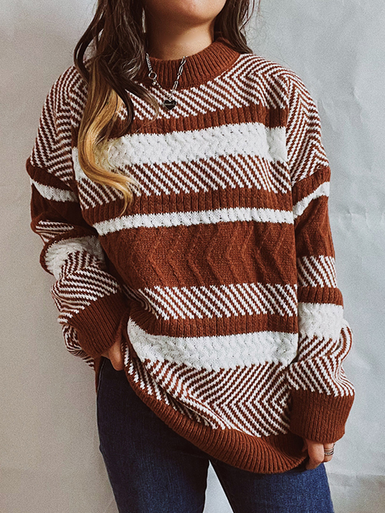 Irregular Stripe Colorblock Crewneck Long Sleeve Sweater-ABOXUN