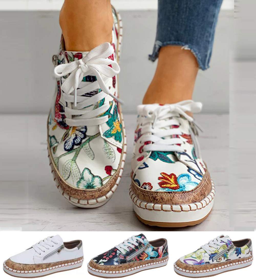 Women's Floral Printed Lace-up Canvas Sneakers-ABOXUN