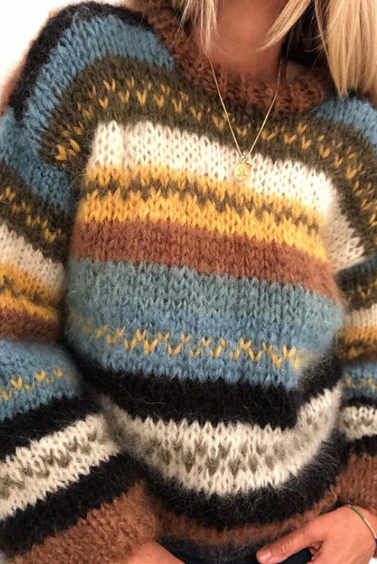 Vintage Rainbow Jacquard Long Sleeve Sweater-ABOXUN