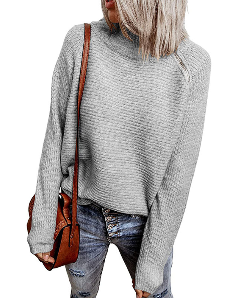 Pure Color Zipper Knitted Sweater-ABOXUN