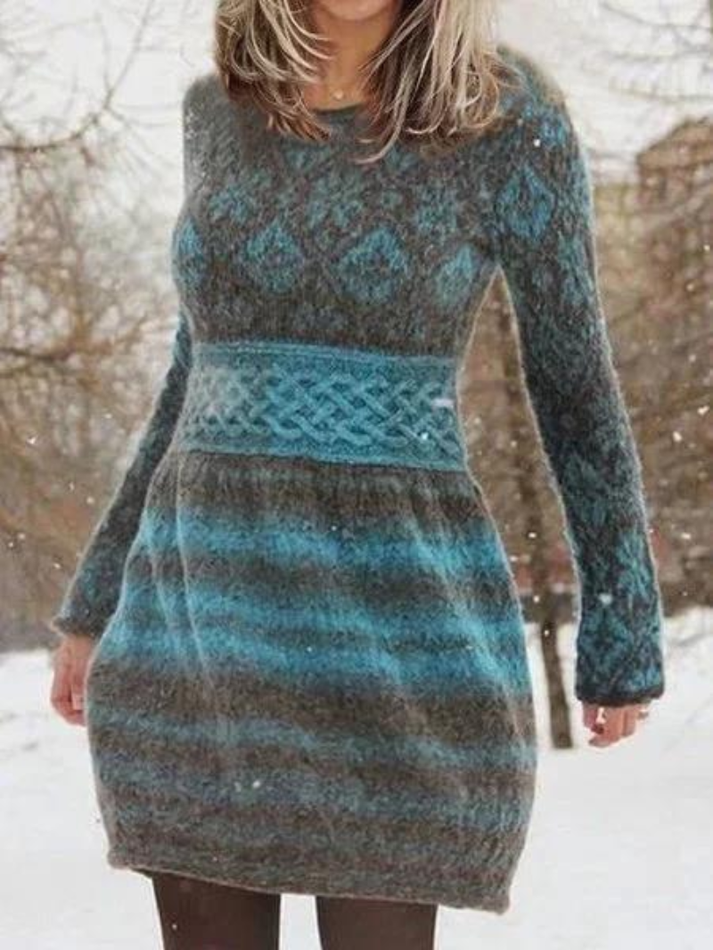 Ladies Knitted Round Neck Fashion Autumn Winter A-line Sweater Dress-ABOXUN