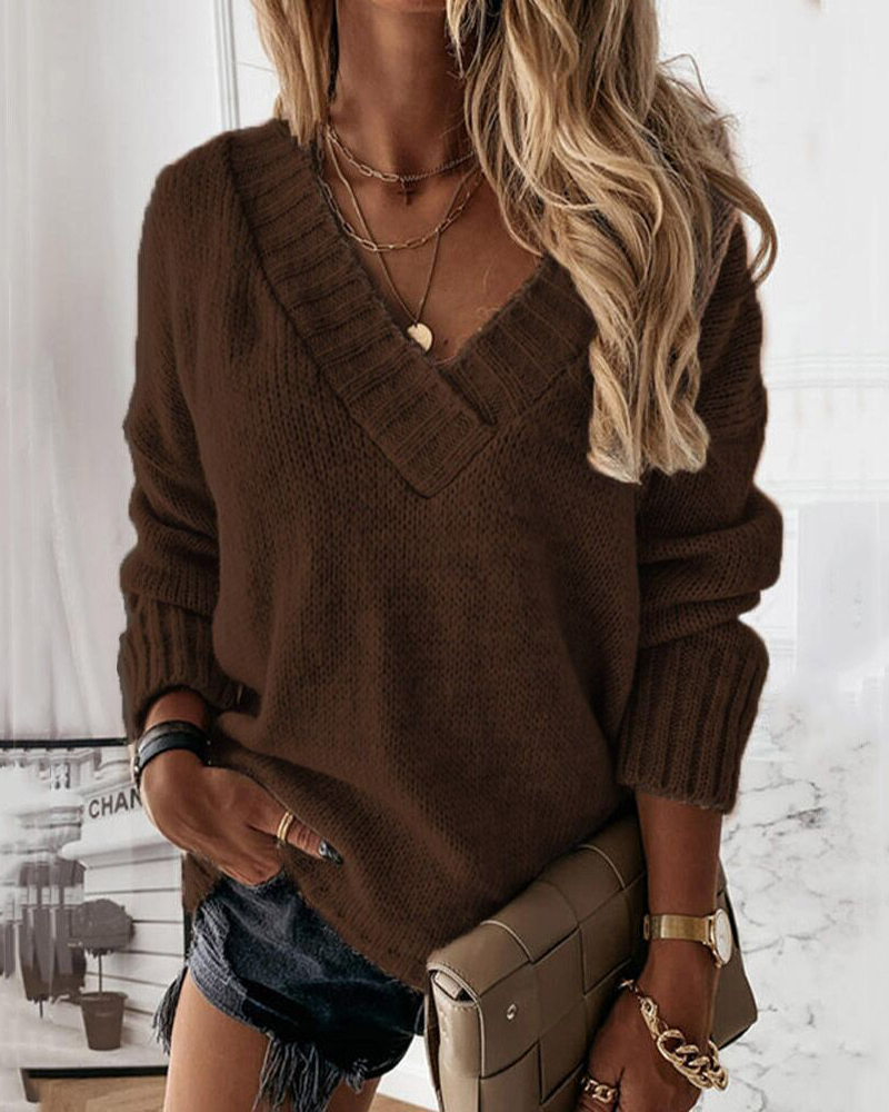 Solid Color V-neck Long-sleeved Pullover Knit Sweater-ABOXUN