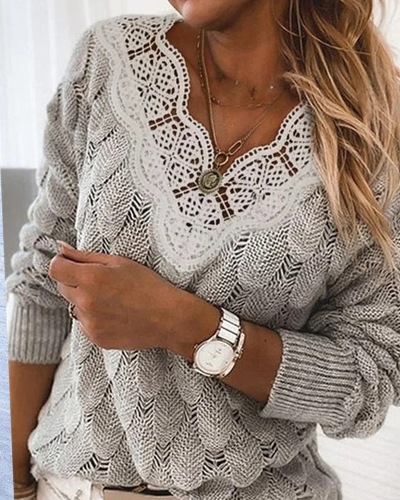 Fashion Hollow Lace Stitching Knit Sweater-ABOXUN