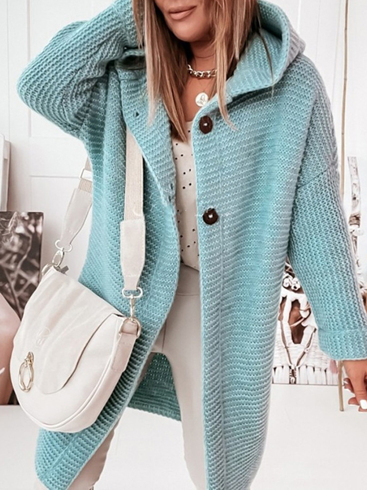 Long Sleeve Solid Hooded Loose Knit Cardigan-ABOXUN