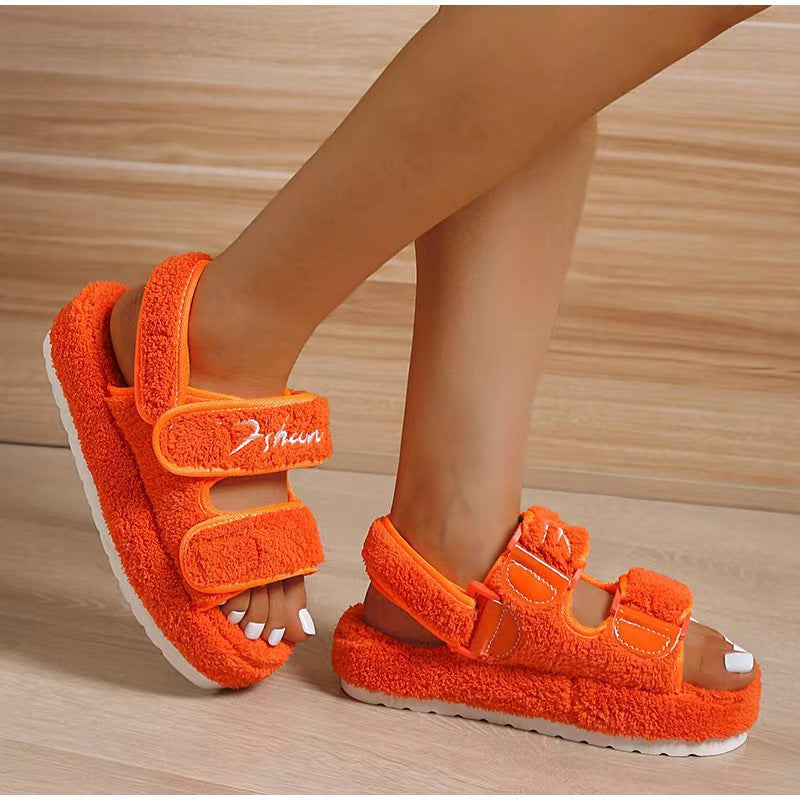 Round Toe Platform Velcro Fleece Thermal Cotton Sandals-ABOXUN