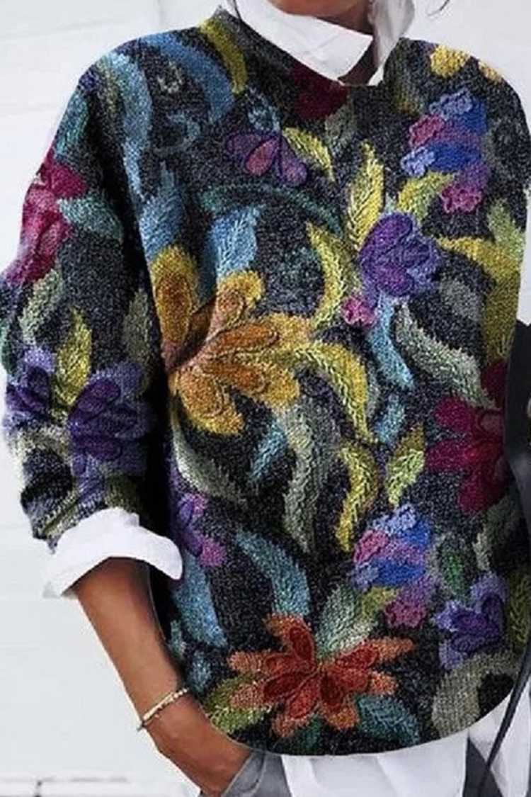 Vintage Milled Floral Print Loose Long Sleeve Top-ABOXUN