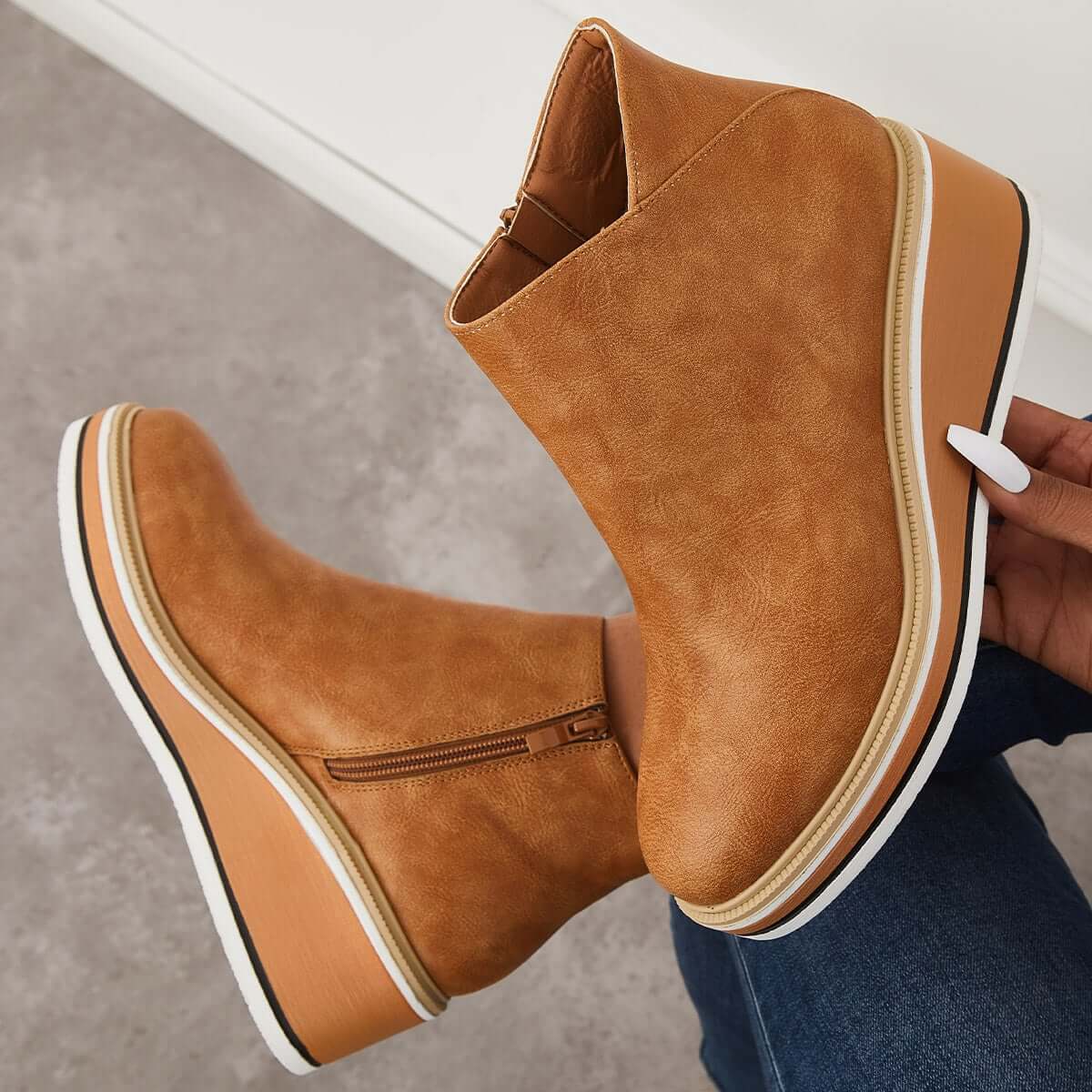 Women Solid Color Wedge Ankle Boots-ABOXUN