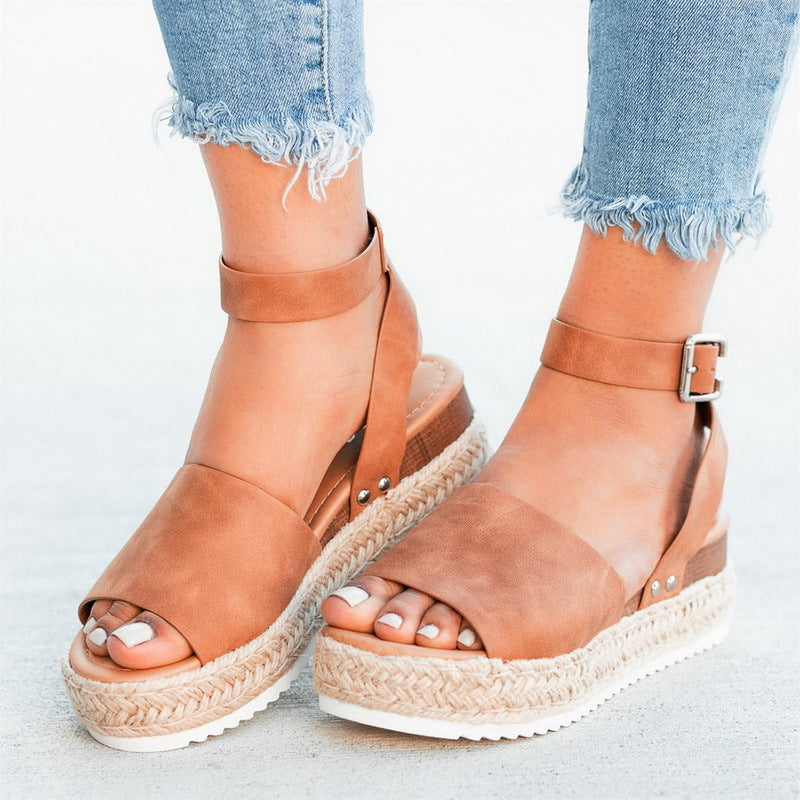 Women's Linen Wedge Platform Fish Mouth Sandals-ABOXUN