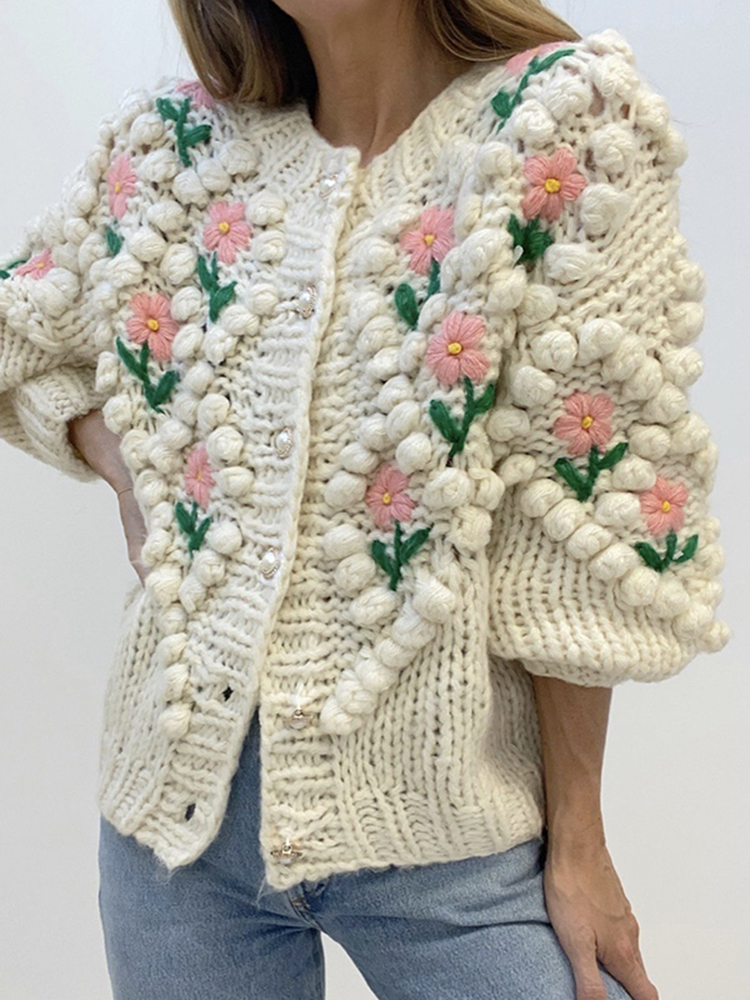 Chain Link Embroidered Floral Pearl Knit Cardigan-ABOXUN