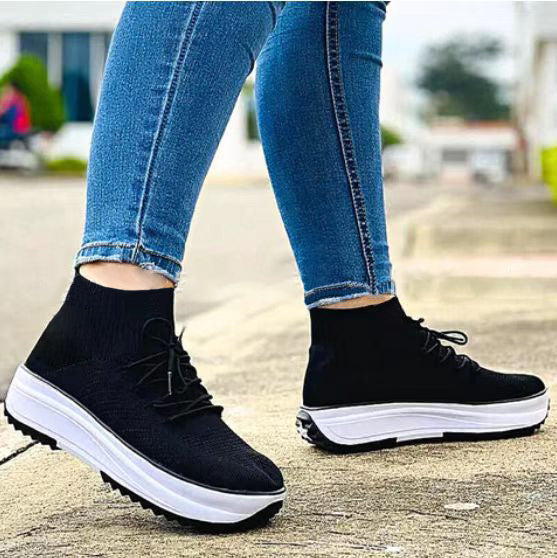 Lace-up Contrast Paneled Knit Slip On Sneakers-ABOXUN