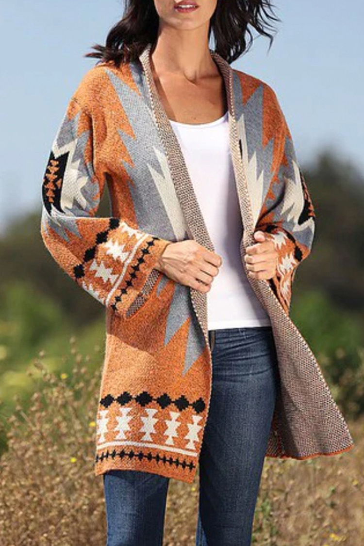 Geometric Jacquard Contrast Vintage Sweater Cardigan-ABOXUN