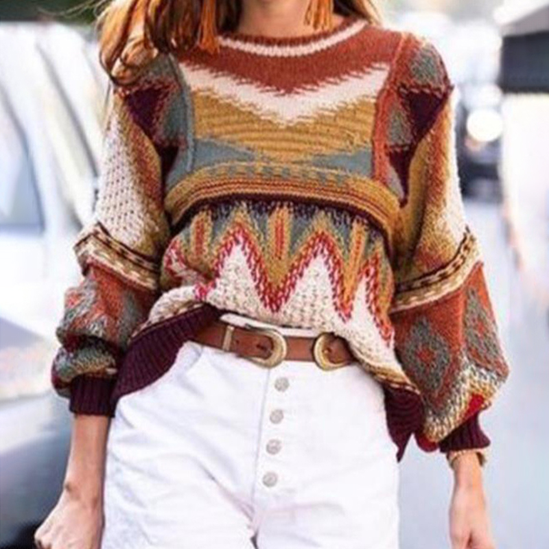 Vintage Geometric Long Sleeve Sweater-ABOXUN