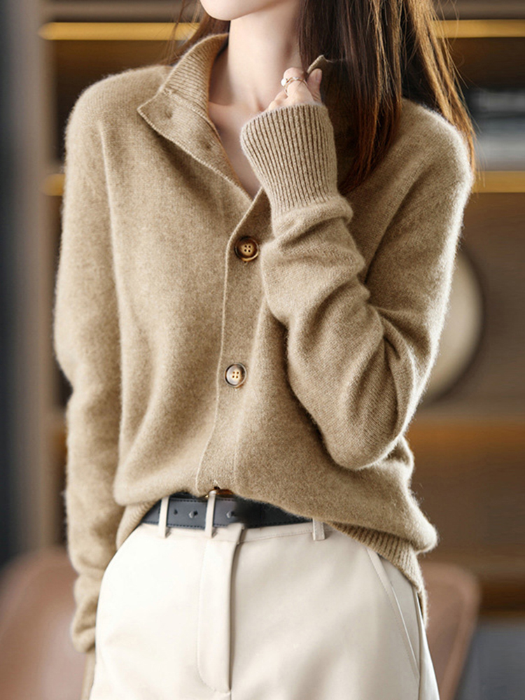 Solid Button Stand Collar Knitted Cardigan-ABOXUN