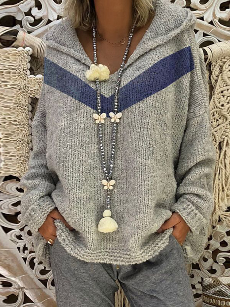 V Neck Contrast Hooded Loose Sweater-ABOXUN