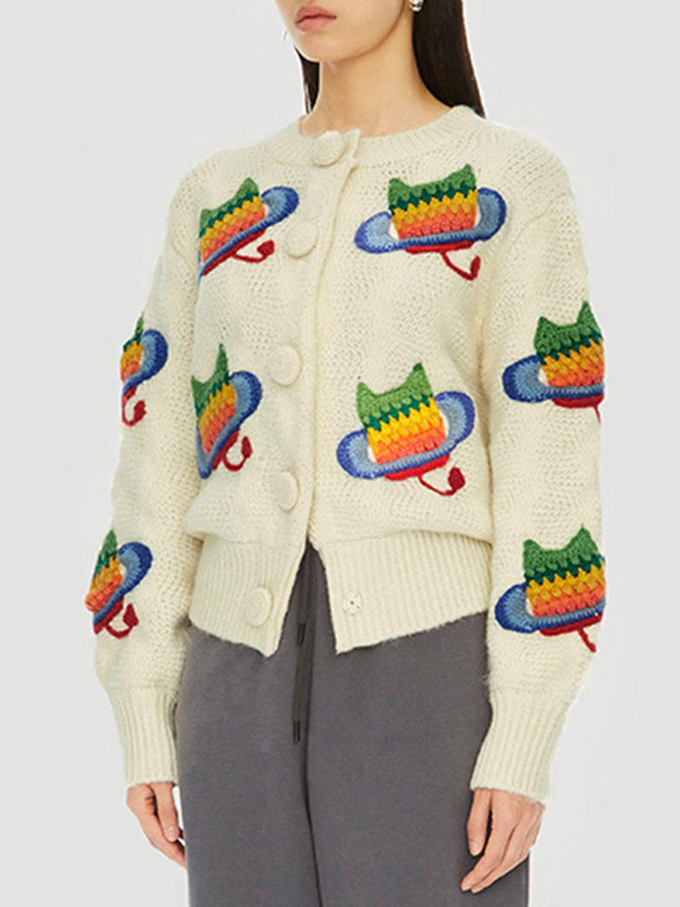 Embroidered Colorful Cat Knit Long Sleeve Cardigan-ABOXUN