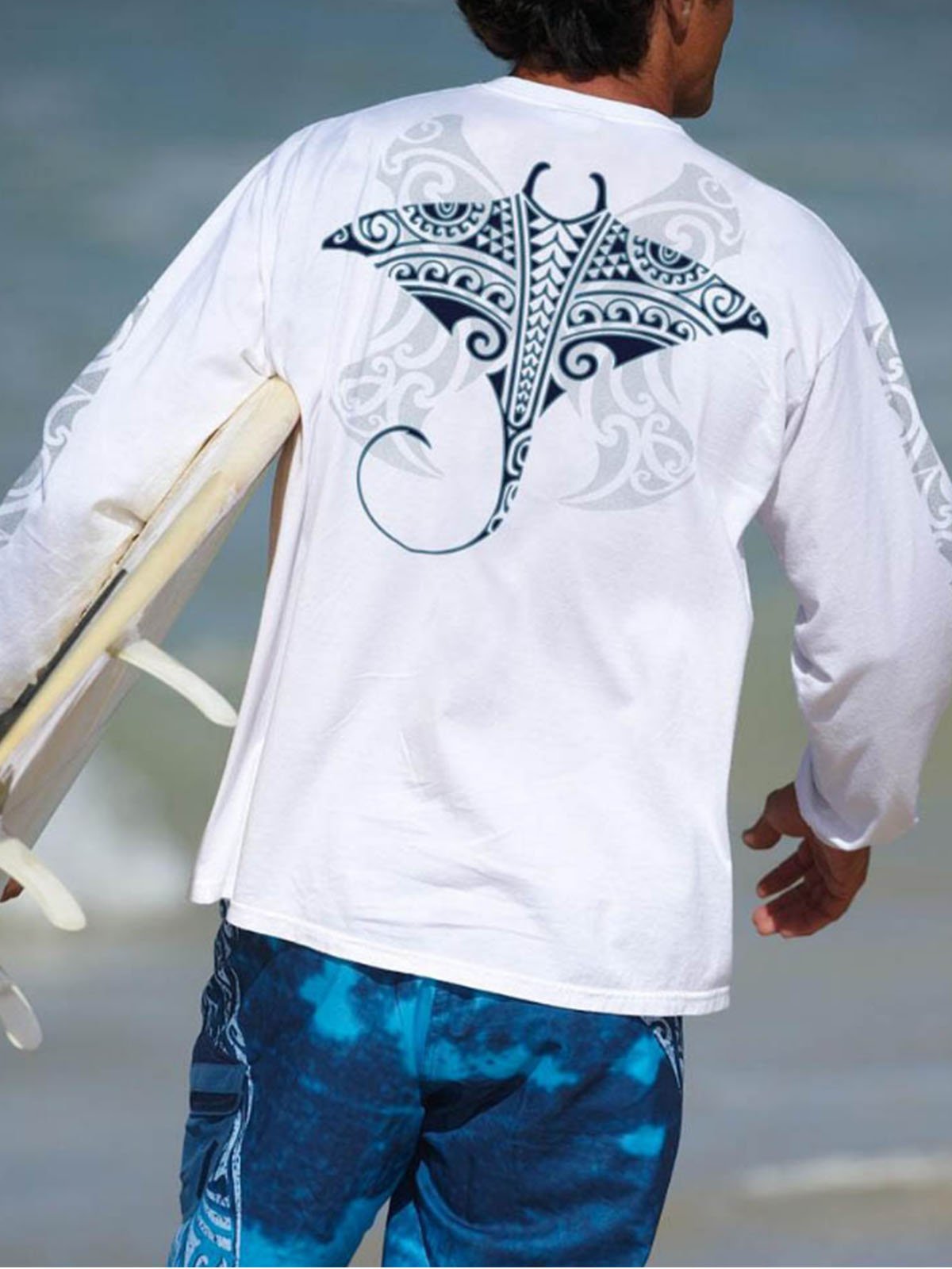 Hawaiian print classic long-sleeved round neck T-shirt-ABOXUN