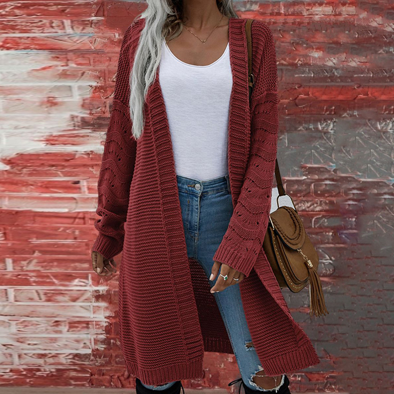 Solid Color Cutout Long Knitted Cardigan-ABOXUN