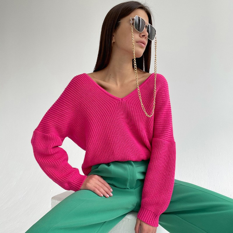 V-Neck Pullover Pit Strip Loose Sweater-ABOXUN