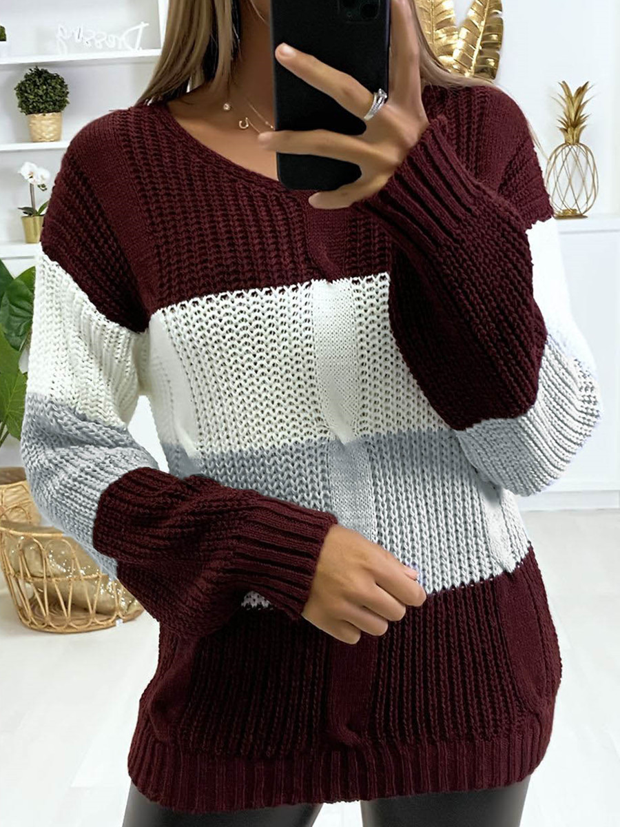 V-neck Color-block Long-sleeved Sweater-ABOXUN